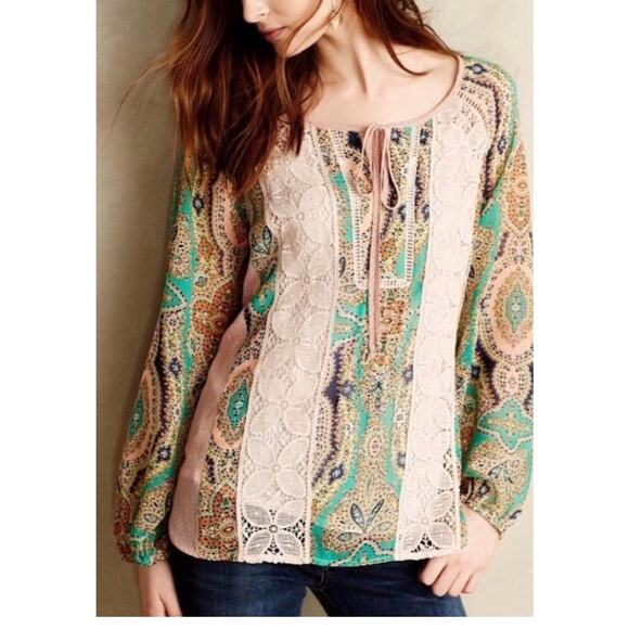 Anthropologie peasant neutral lace mixed media chiffon layering boho blouse S - Picture 2 of 7